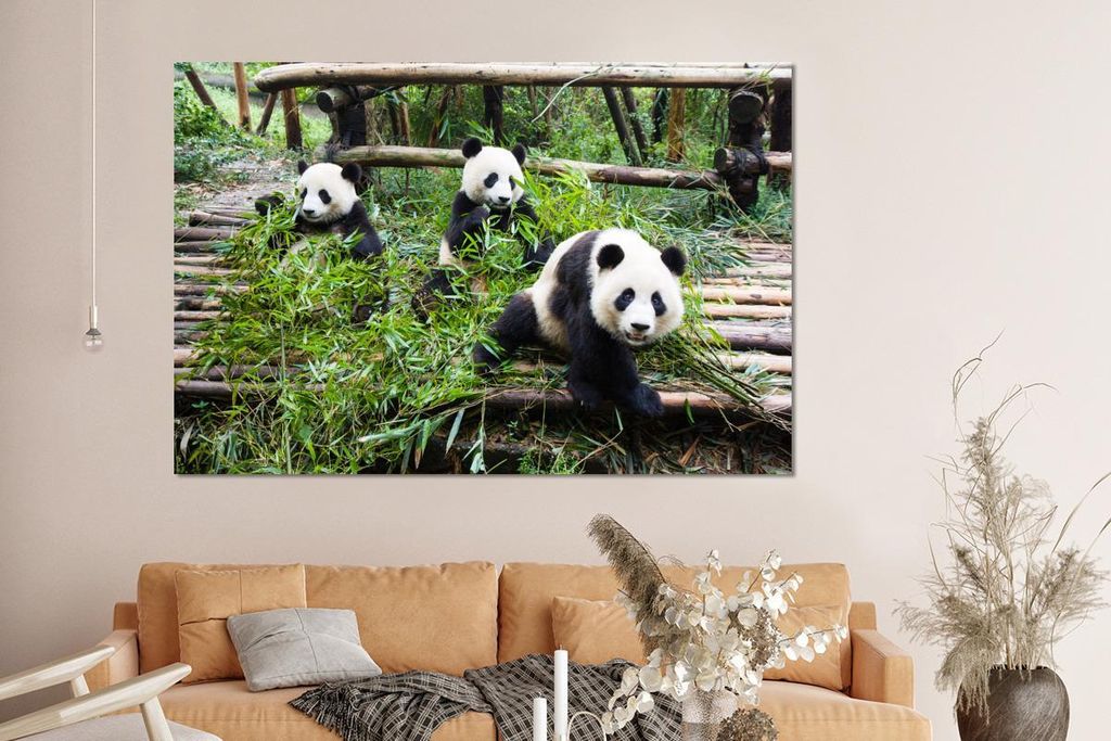 MuchoWow Wanddekoration Metall Metallbild Wandkunst 150x100 cm Pandas - Bambus - Blätter MuchoWow Aluminium Gemälde - Alu Dibond Bild