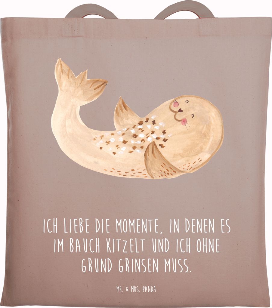 Mr. & Mrs. Panda Beutel Robbe Liegen - Braun Pastell - Geschenk, Shopping Tasche, Robben, Tote Bag, Nordsee, Lustige Sprüche, Jutebeutel, Seehund,...