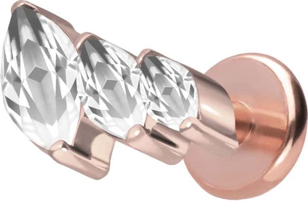 Ohrpiercing, Nasenpiercing Titan Labret mit Push Fit 3 EINGEFASSTE KRISTALLTROPFEN RoséGold Stablänge: 5mm | Stabstärke: 1,2mm
