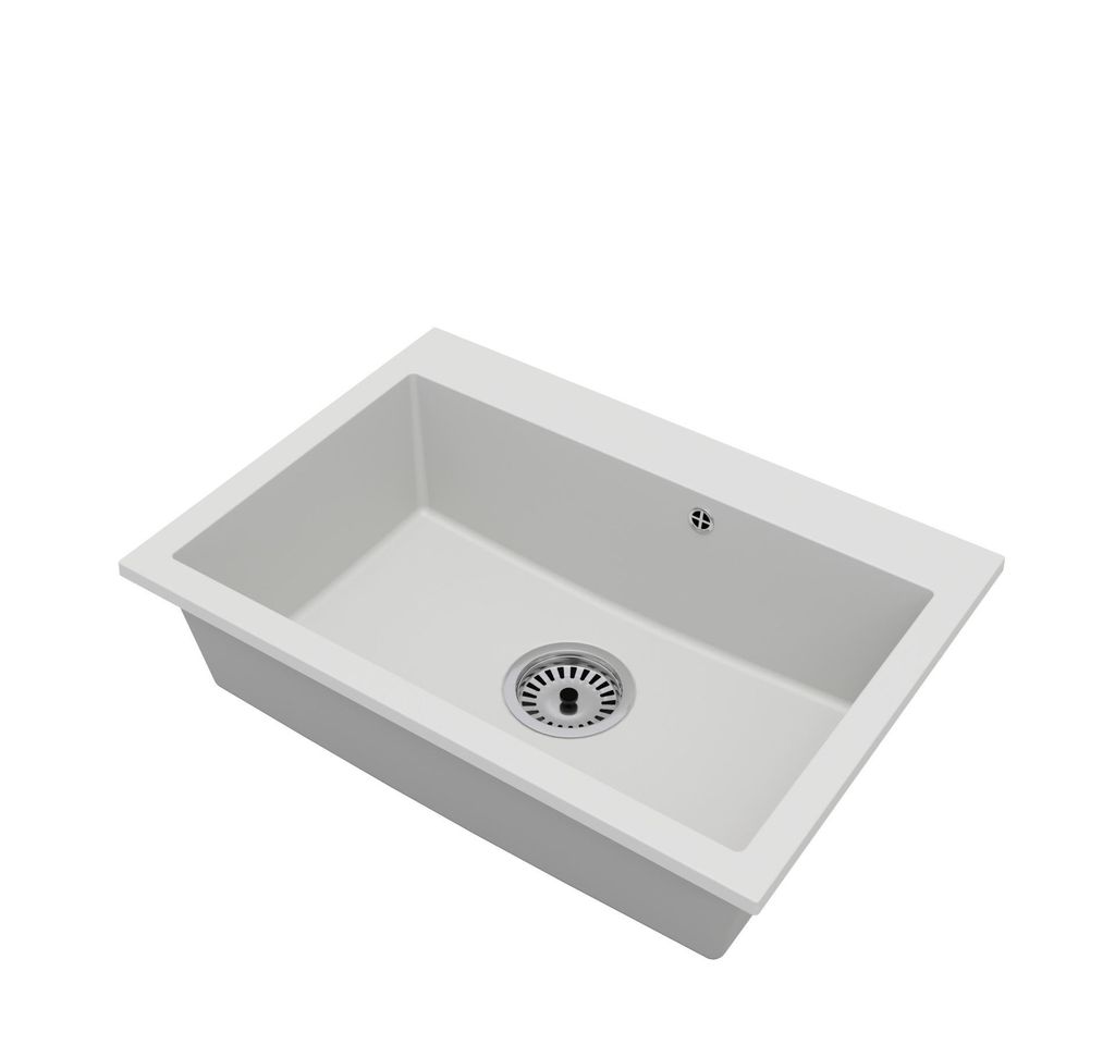 Granitspüle Einbecken – Elite 70 Weiß mit Siphon in Chrom Produktbild 
