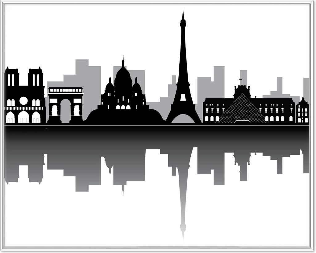 Wallario Wandbild Silhouetten Pariser Sehenswürdigkeiten, Größe: 40,30 x 50,30 cm, Poster mit weißem Aluminiumrahmen