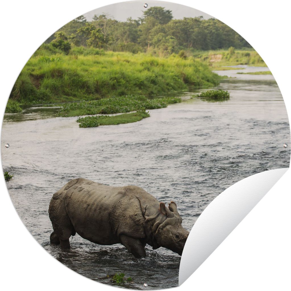 MuchoWow Gartenposter Outdoor-Poster Rund Nashorn im Wasser Ø 60 cm Gartendeko Rundes Poster draußen