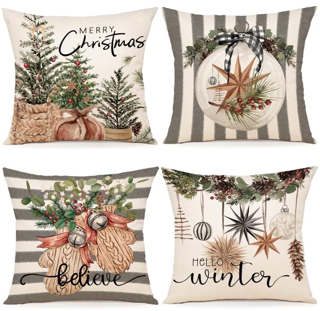 4er-Set Weihnachtskissenbezüge, 50 x 50 cm, Leinen-Weihnachtskissen, Dekokissen, Kissenbezüge für Sofa, Schlafzimmer, Sessel