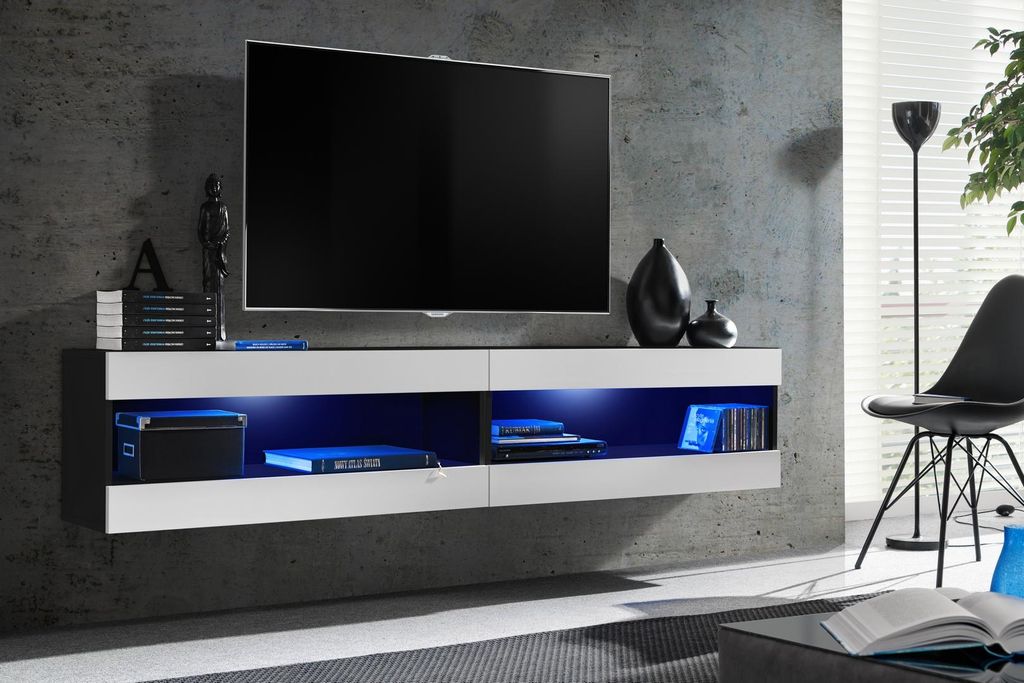 Komodee, Set, Möbel, Tivoli SET4, Schwarz/Weiß, Breite 200cm x Höhe 41cm x Tiefe 35cm, LED Blau, für Wohnzimmer, Schlafzimmer