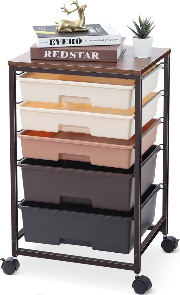 Aufbewahrungswagen auf Rädern, Trolley mit 5 Schubladen, multifunktionaler Trolley mit Holzplatte für Küche, Wohnzimmer, Schlafzimmer, Büro, gr...