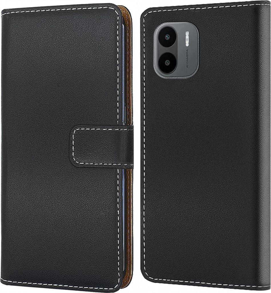 A black flip-style phone case for a Xiaomi Redmi A1 is shown from two angles.