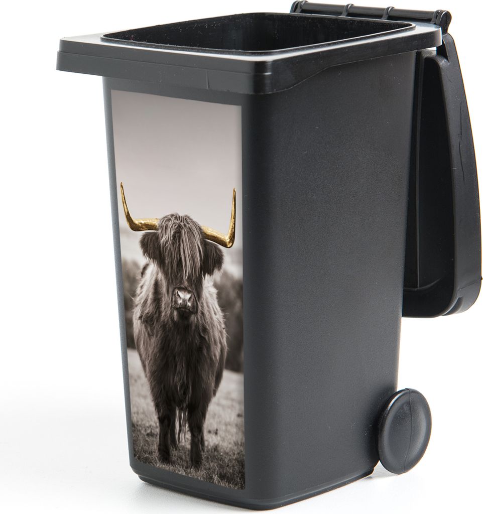 MuchoWow Mülltonnenaufkleber Schottischer Highlander - Gold - Hörner 44x98 cm - Containeraufkleber - Aufkleber - Mülltonnen-Aufkleber