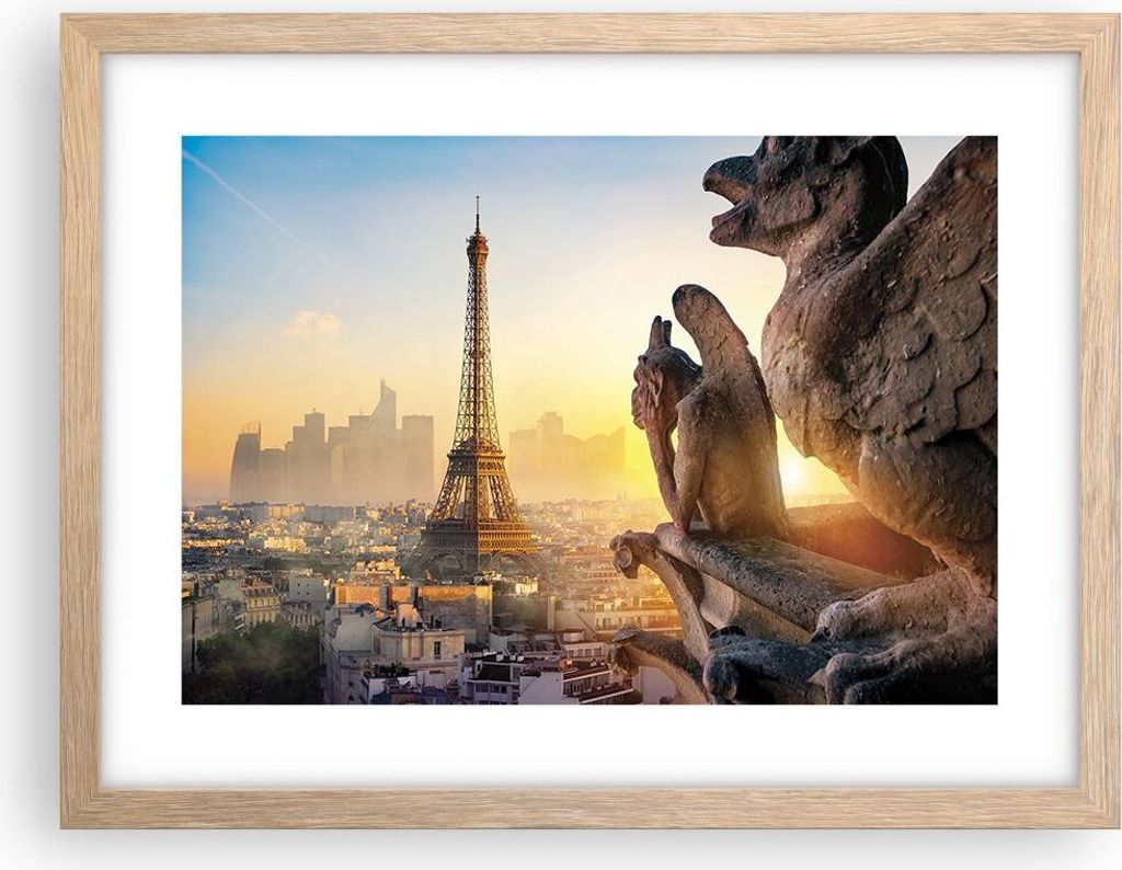Gerahmtes Poster - Rahmen in heller Eiche - Wasserspeier Turm Eiffel - 40x30 cm - Wand Bild - Wanddeko - Wandbilder - Kunstposter - Wandposter - Bi...