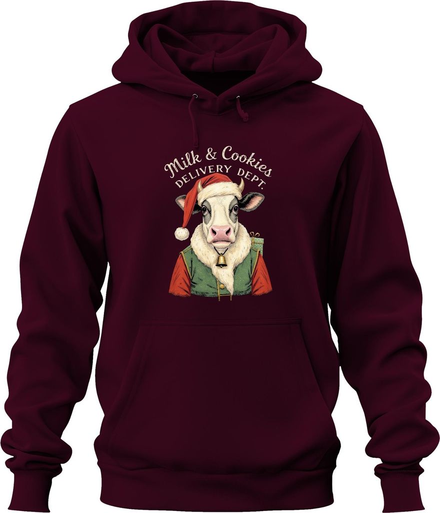 Milk Cookies Delivery Dept Weihnachten Kuh Santa Geschenk Lustig Uni Hoodie Kapuzenpullover, Burgundy, L