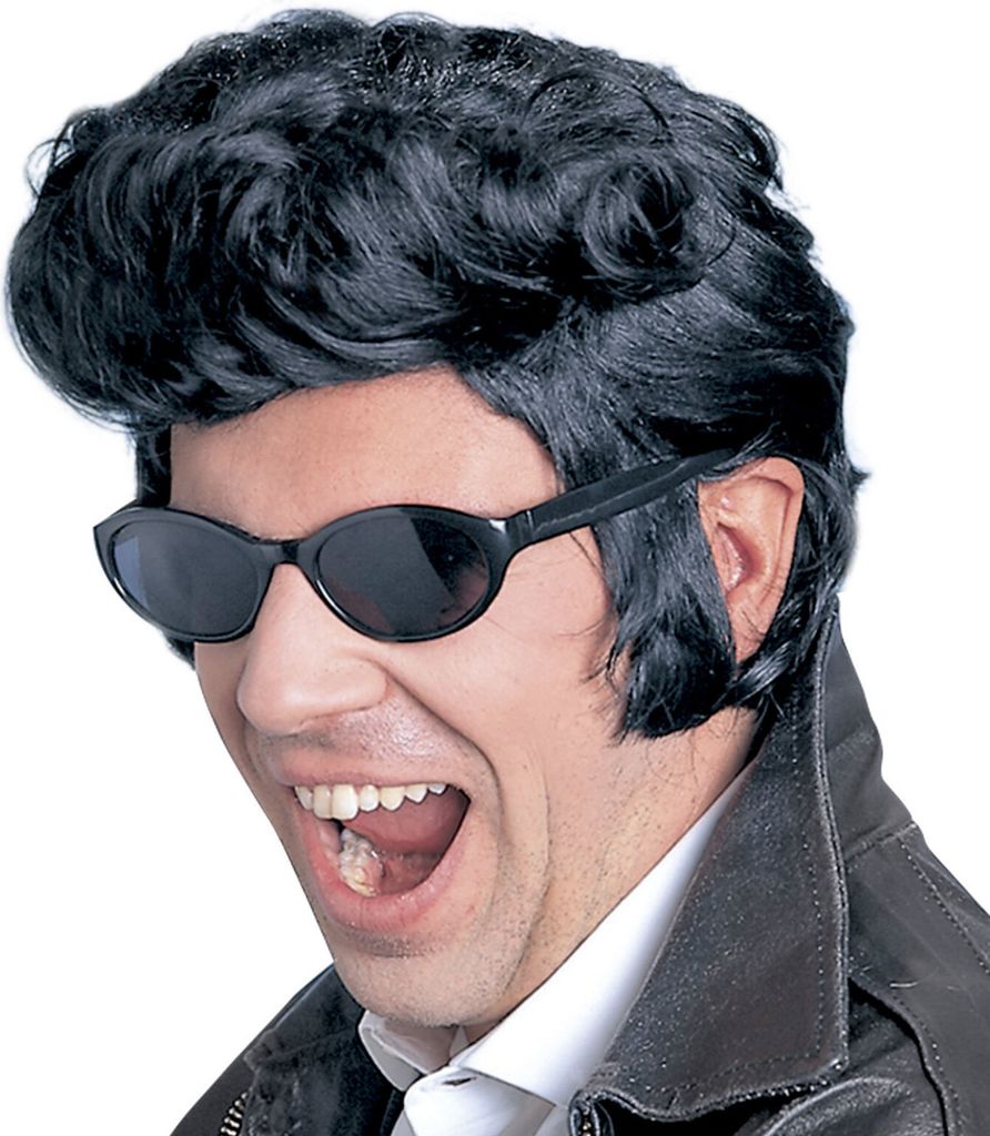 Close-up of a man wearing a wig and sunglasses.
