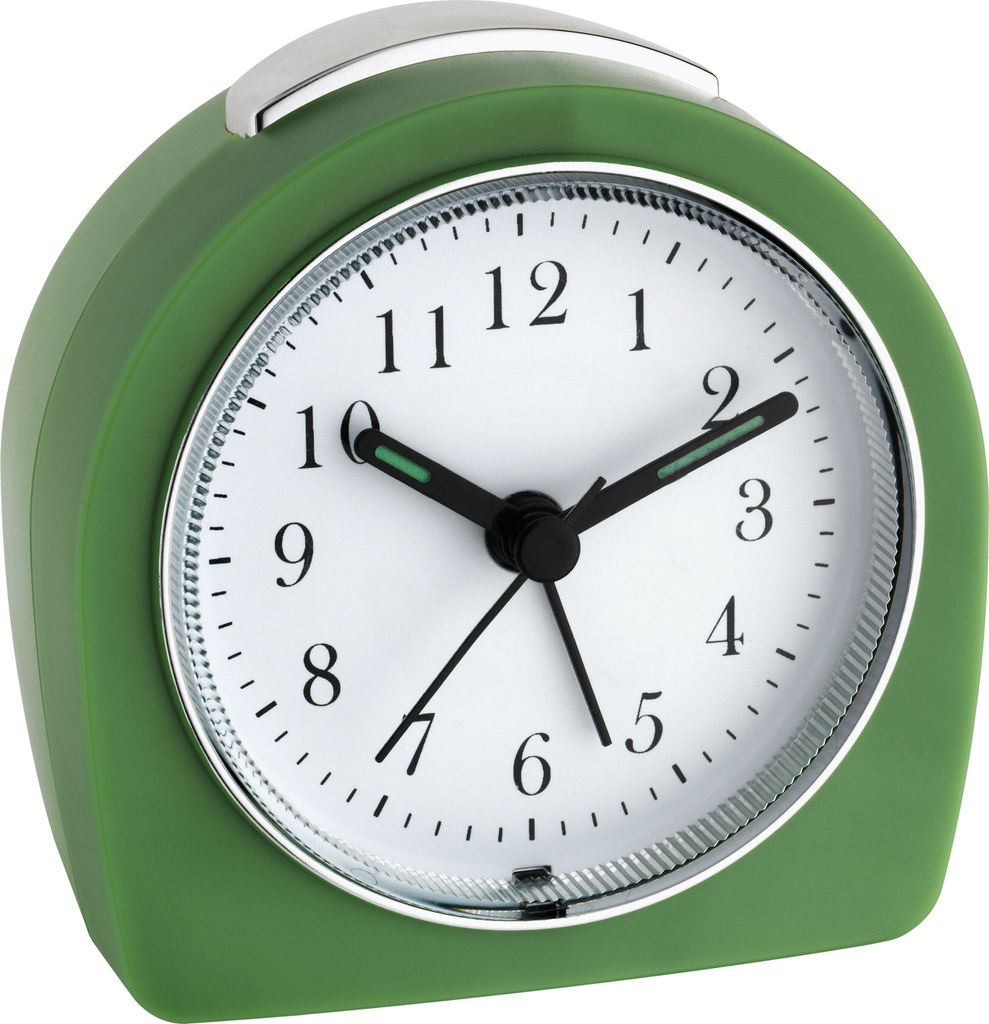A close-up, front-facing view of a green retro-style analog alarm clock against a white background.