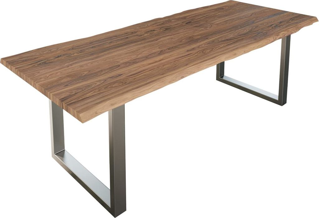 Esszimmertisch 240x100 cm Lauren, Baumkantentisch aus Akazienholz, massiv + stonefarben, U-Metallgestell Silber, Esstisch mit echter Baumkante