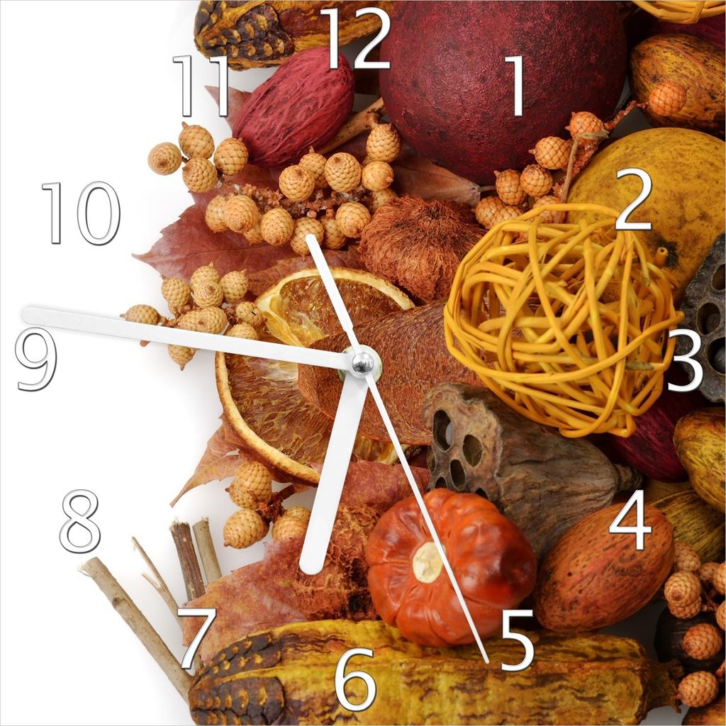 Wallario Design Wanduhr Herbststimmung - Trockenfrüchte, Nüsse und Samen - Herbstdeko aus Echtglas, Größe 20 x 20 cm