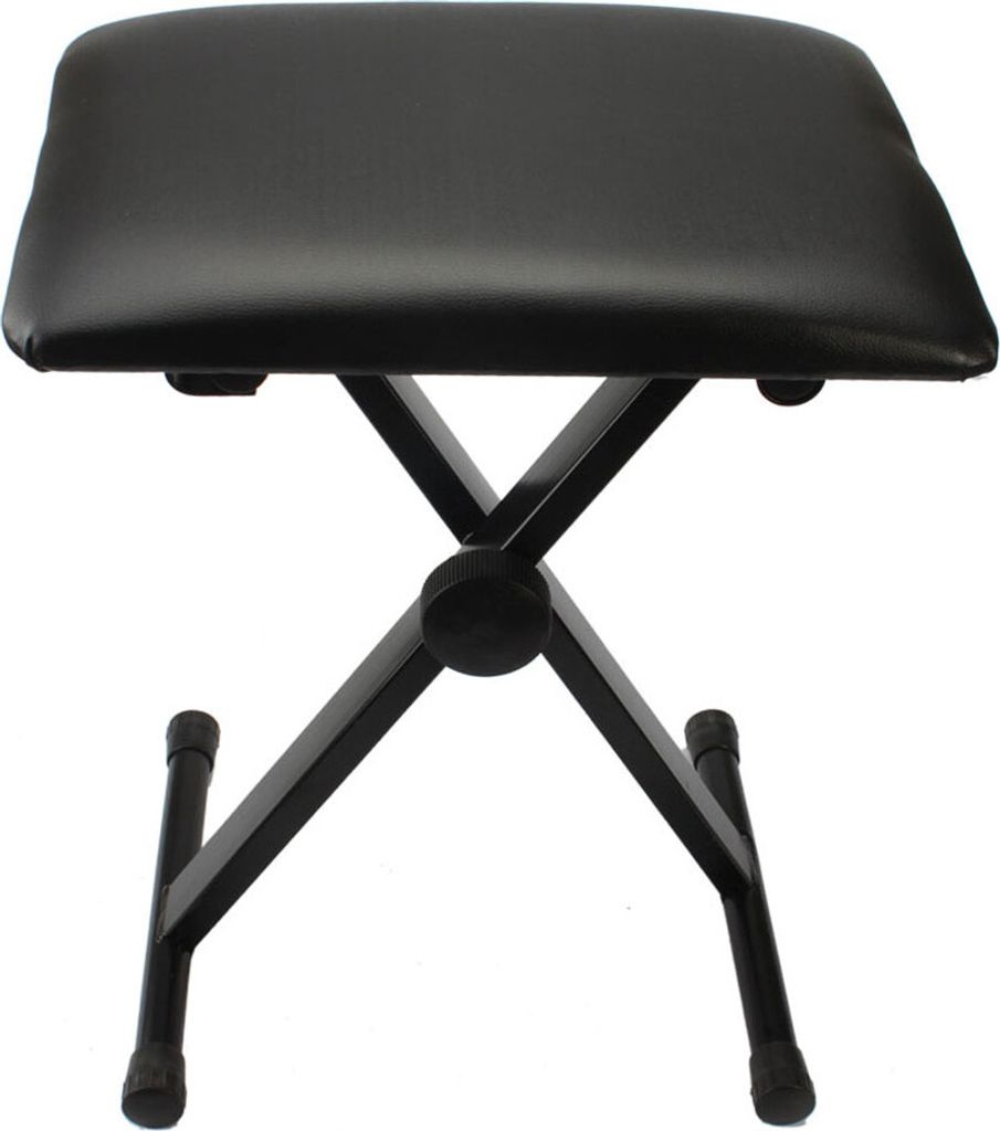 A black piano bench with an X-shaped folding leg system, shown from a front-facing angle.