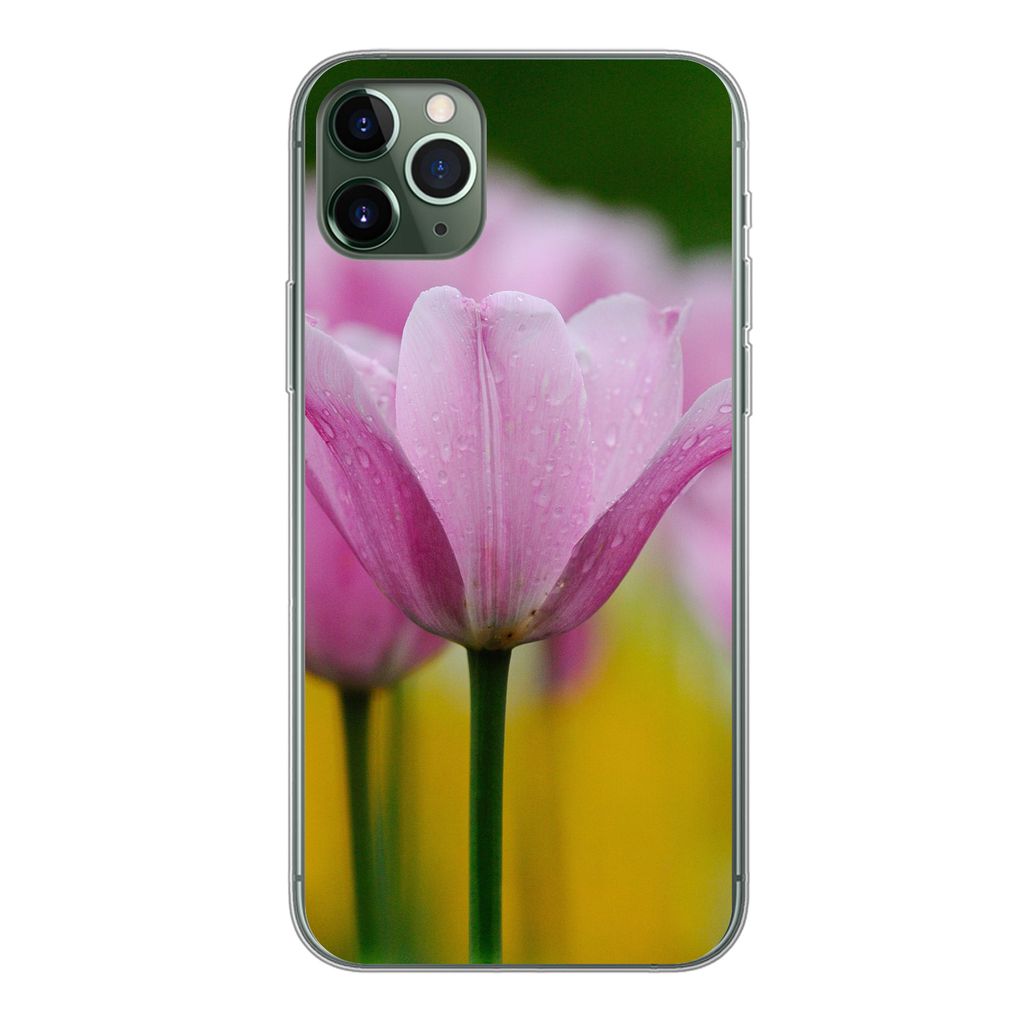 MuchoWow Handyhülle Schutzhülle Hülle für iPhone 11 Pro Max Blumen - Tulpen - Rosa Silikon Softcase Handy Hülle - Schutz