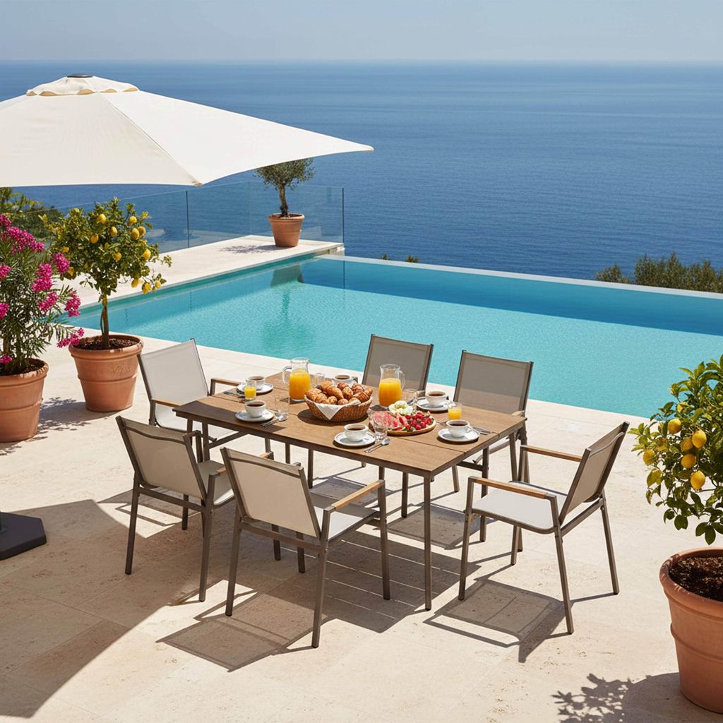 Set aus ovalem Gartentisch 150 x 90 cm und 6 Stühlen in Taupe - Oviala Valencia