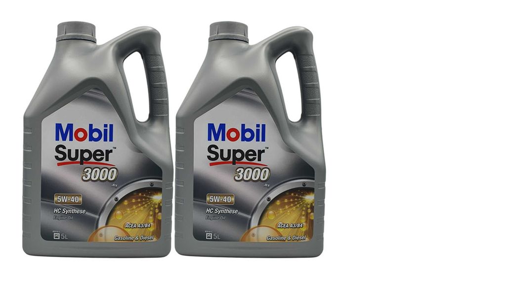 Two identical bottles of Mobil Super 3000 X1 5W-40 engine oil are shown side-by-side against a white background.