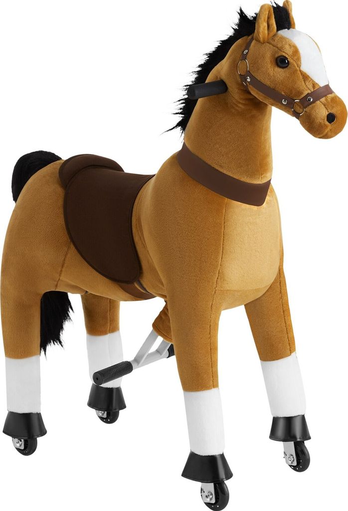 A stuffed toy horse with wheels and a saddle, presented on a white background.