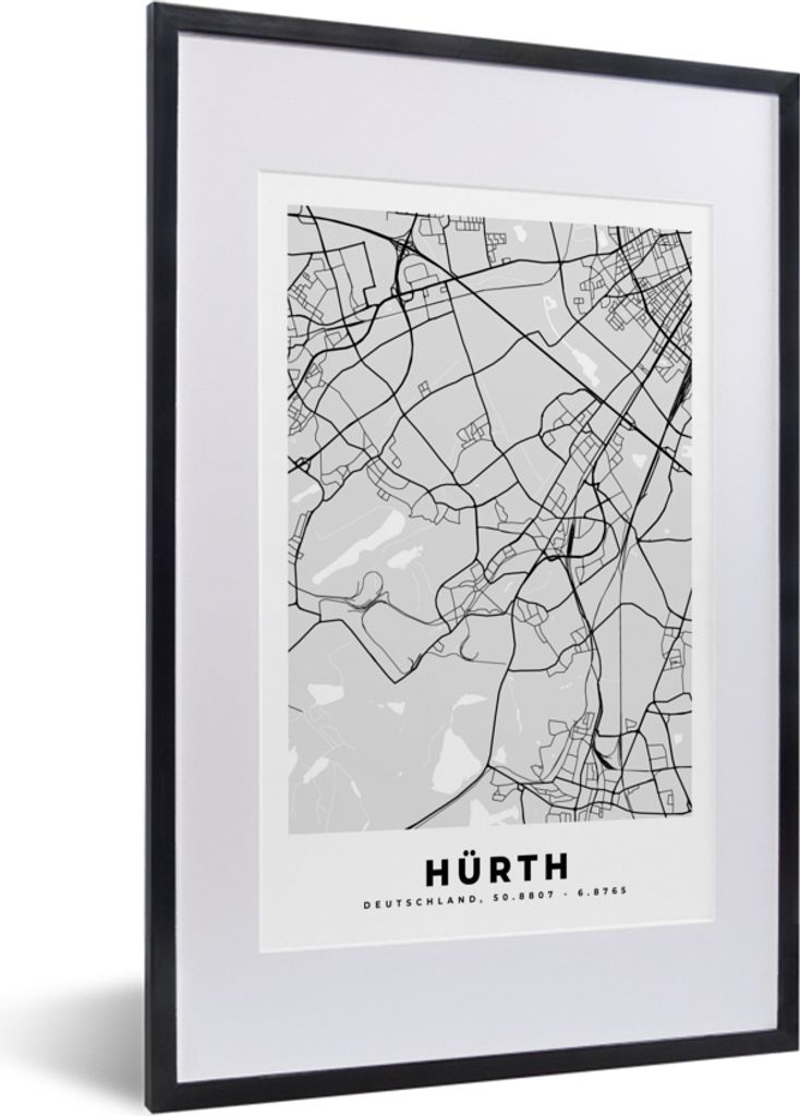 MuchoWow Gerahmtes Poster Stadtplan - Deutschland - Hürth- Karte - Grundriss 40x60 cm - Poster mit Schwarzem Bilderrahmen Wandposter Rahmen Foto...