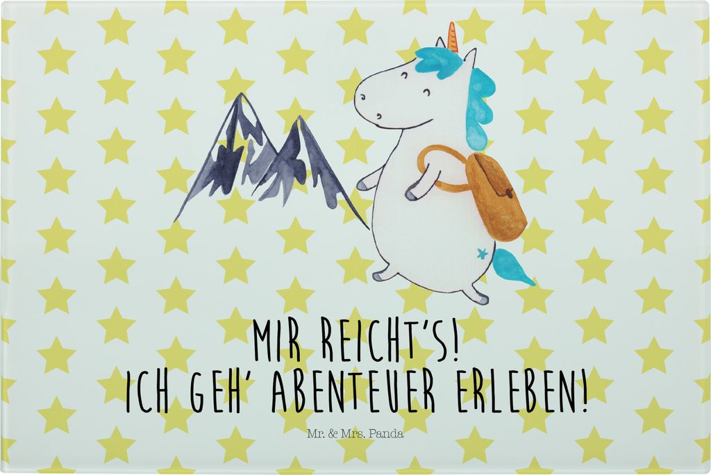 Mr. & Mrs. Panda Hackbrett Einhorn Bergsteiger - Weiß - Geschenk, Abenteuer, Unicorn, Urlaub, Glas Schneidbrett, Weltreise, Schneidplatte, Schneid...