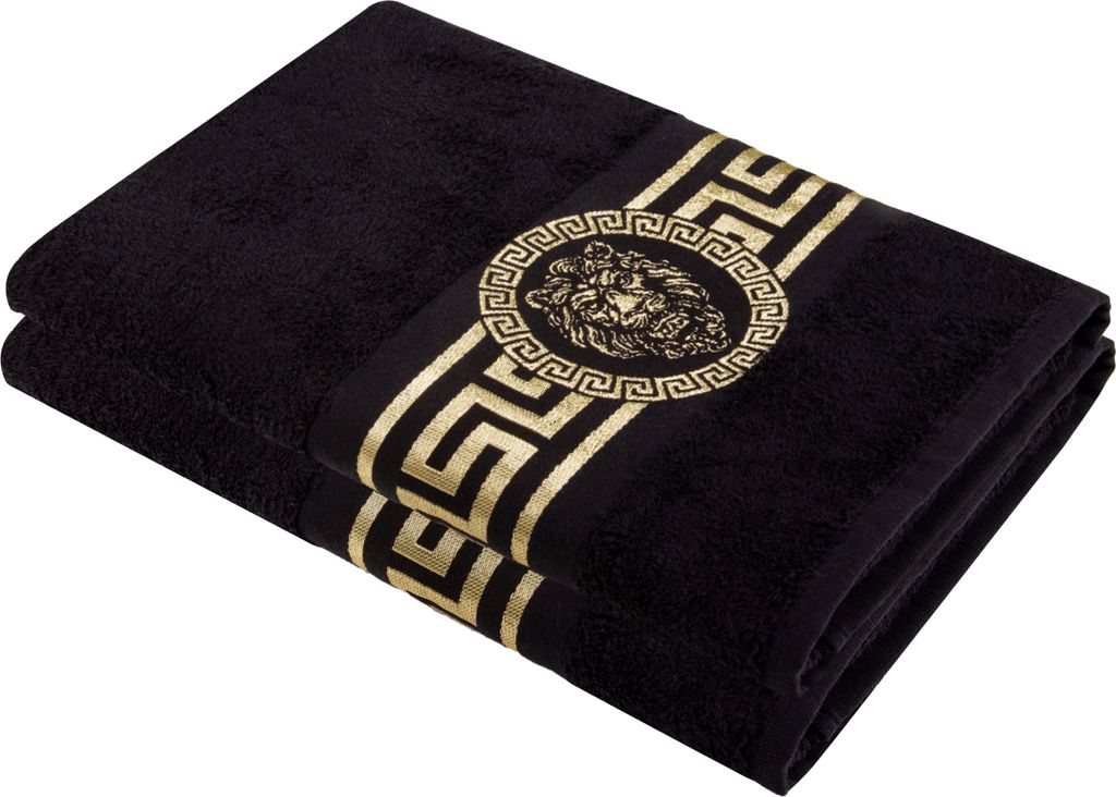 2er SET - Mäander Löwe Handtücher Duschtücher Gästetücher Saunatücher Flauschige Frottee Baumwolle in Schwarz Gold 70 cm x 140 cm
