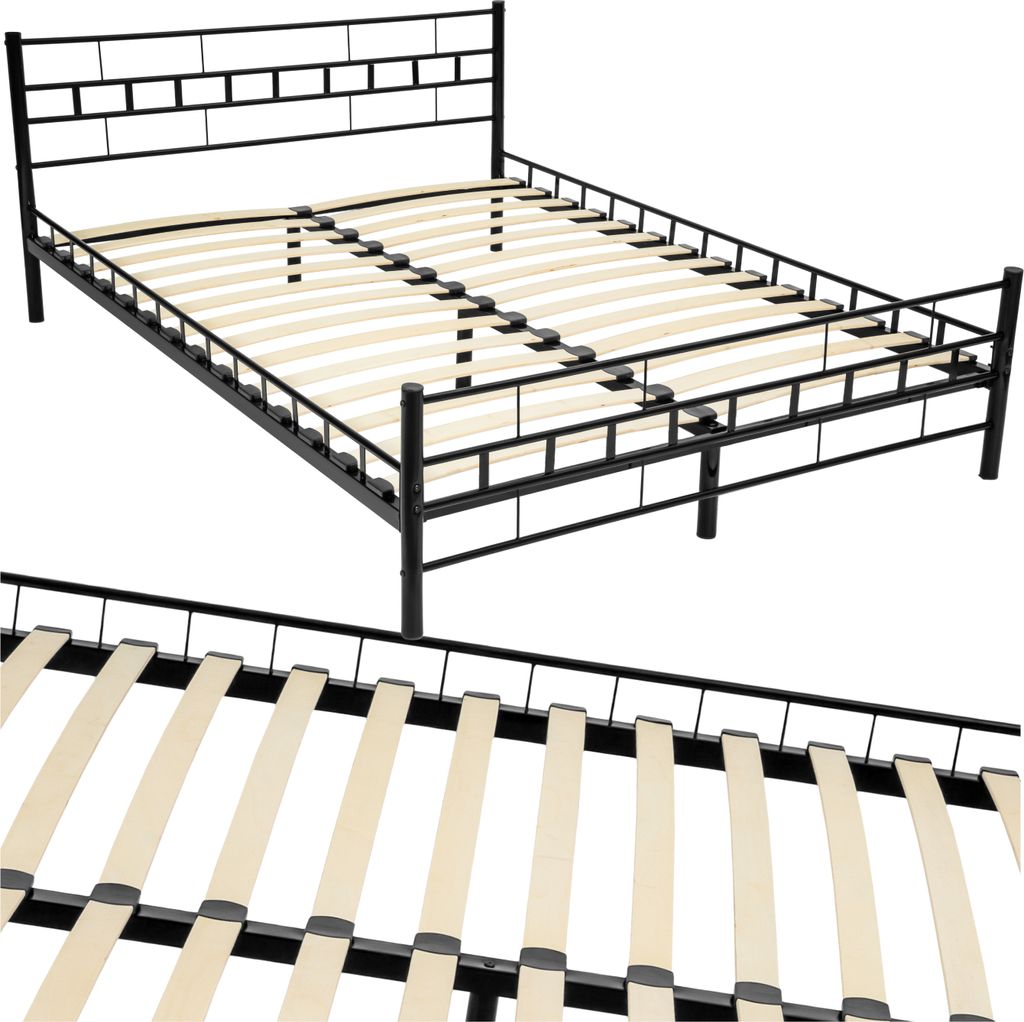 A black metal bed frame with wooden slats, shown from a diagonal perspective.