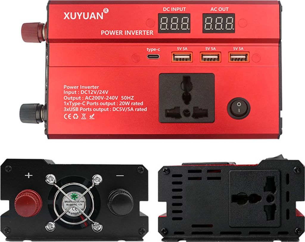Auto-Wechselrichter, 12 V, 24 V, zwei AC-Ausgänge, klares LED-Display, 600 W, LKW mit 3 USB-Anschlüssen und 1 Typ-C-Anschluss, EU-Stecker, Rot
