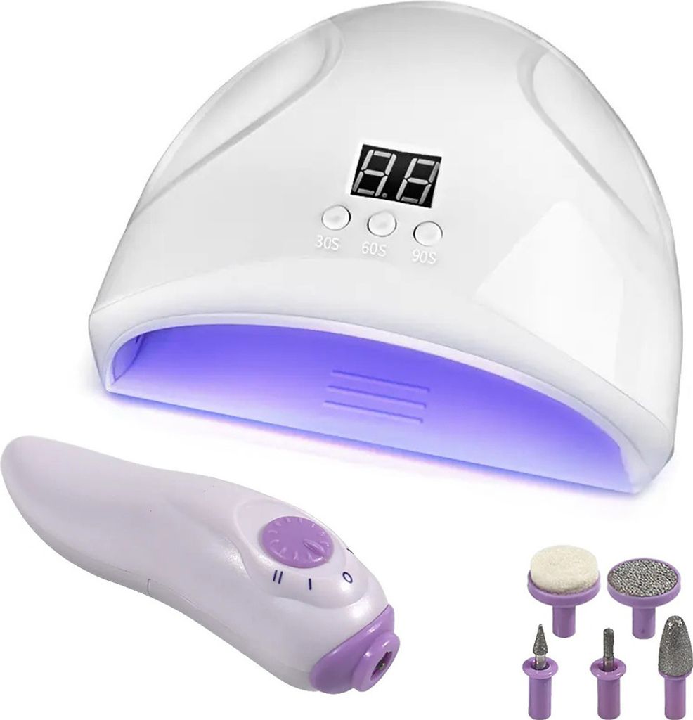 A white UV lamp for curing nail polish and a purple and white electric nail file with multiple attachments are displayed on a white background.