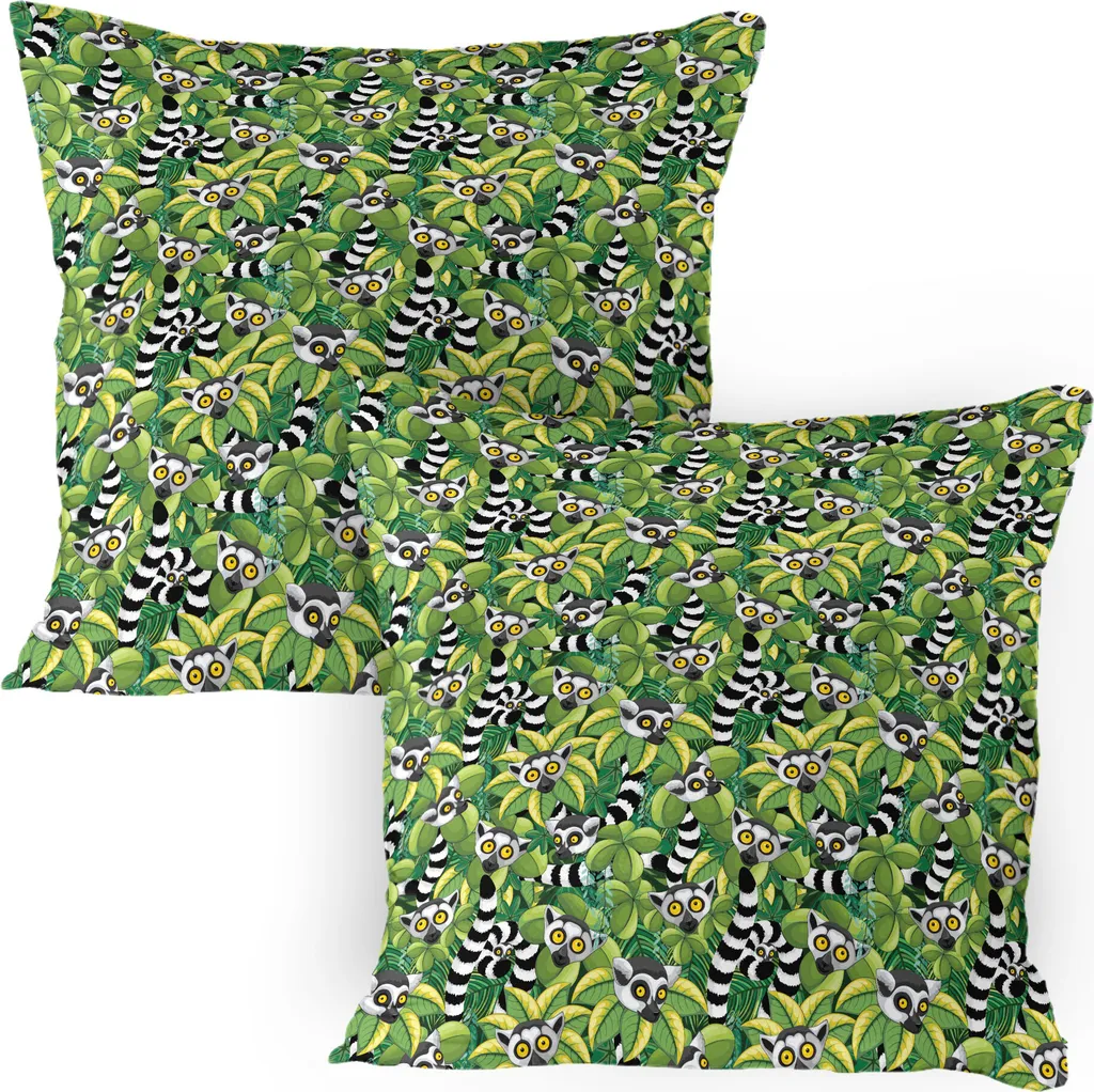 ABAKUHAUS Federa per cuscino Lemur Confezione da 2, Exotic Jungle Stampa ripetitiva con occhi carini, Federa per cuscino decorativa stampata, 80x80 cm, Verde felce Grigio scuro