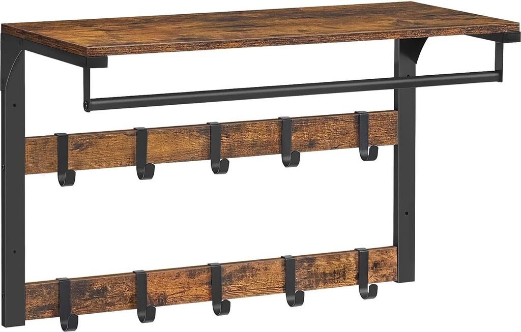 VASAGLE Wandgarderobe, mit Ablage, Wandregal mit 10 abnehmbaren Haken, Hängeregal, Wandmontage, 2 Garderobenständer, Kleiderstange, für Flur