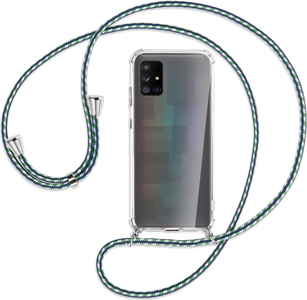 Handykette Backcover-Schutzhülle mit Band (Metall silberfarben) für Samsung Galaxy A71 5G - grün/blau/weiß