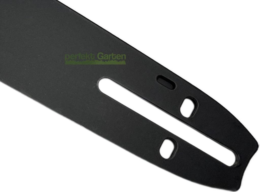 A close-up view of a black metal chainsaw bar with mounting holes.