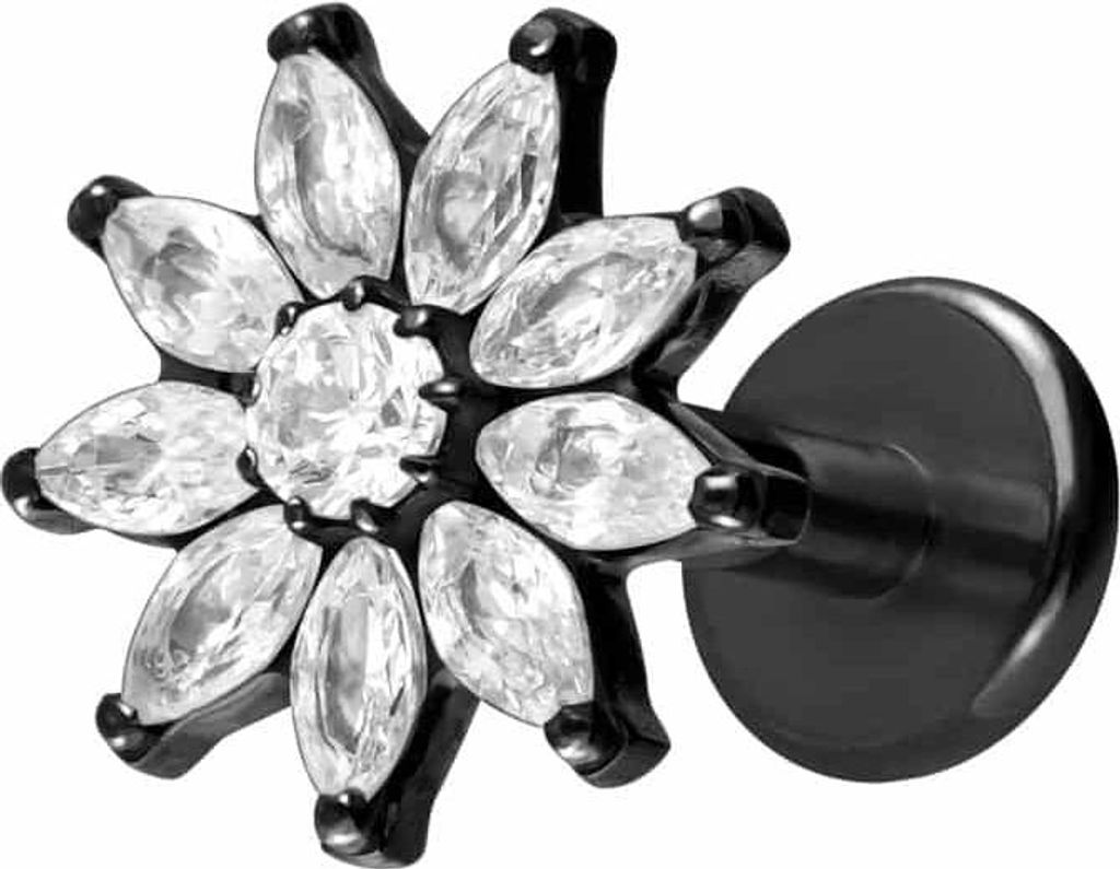 Ohrpiercing, Nasenpiercing Titan Labret mit Innengewinde KRISTALLBLUME Schwarz Stablänge: 5mm | Stabstärke: 1,2mm
