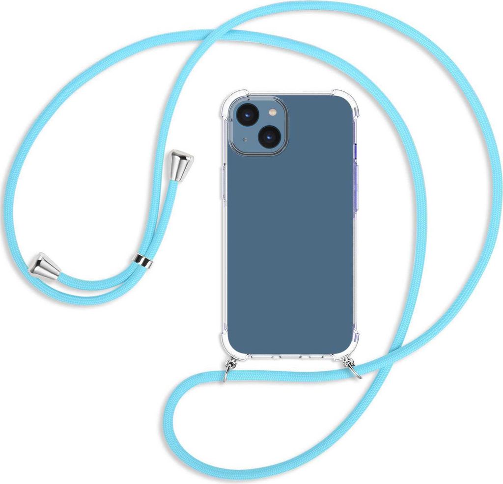 Handykette Backcover-Schutzhülle mit Band (Metall silberfarben) für Apple iPhone 14 (6.1'') - himmelblau