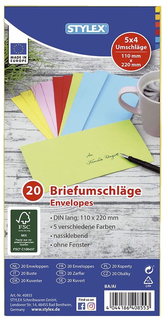 Briefumschlag lang DIN - 1 Packung (20 Stk farbig sortiert) Produktbild 