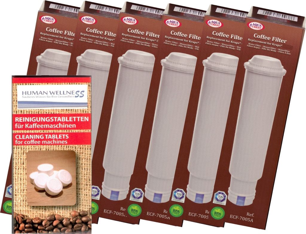 6 x Filterpatrone AQK-05 kompatibel Krups F088 und Melitta + 10 Reinigungstabs