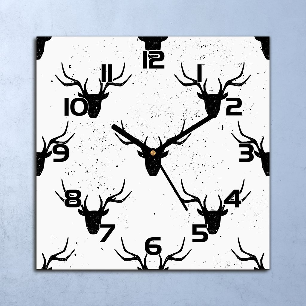 Wanduhr Echt-Glas-Küchenuhr Hirschkopf schwarz Quarz 30x30 Deko Bilder