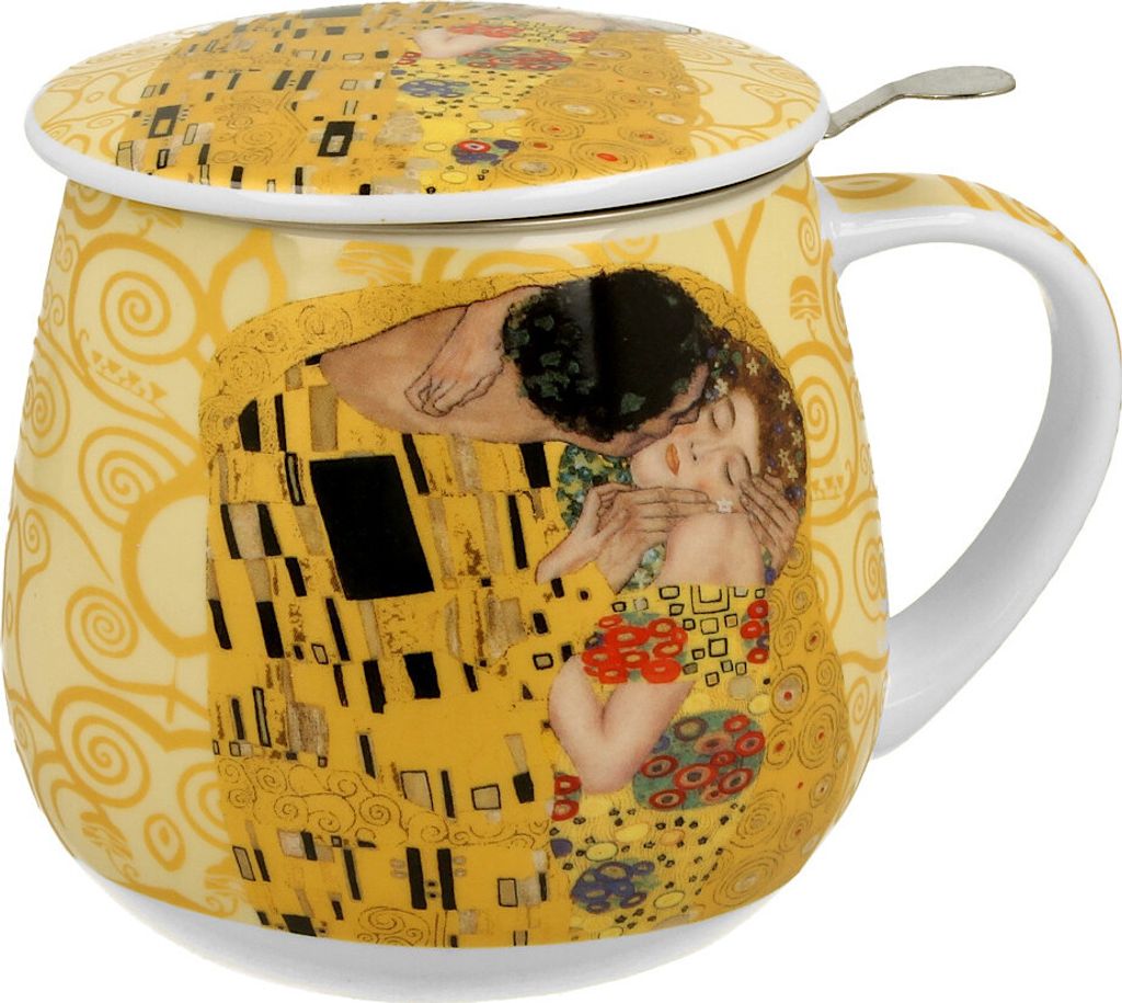 DUO ART GALLERY Becher 430 ml mit Teesieb THE KISS ECRU inspired by Gustav Klimt New Bone China Porzellan