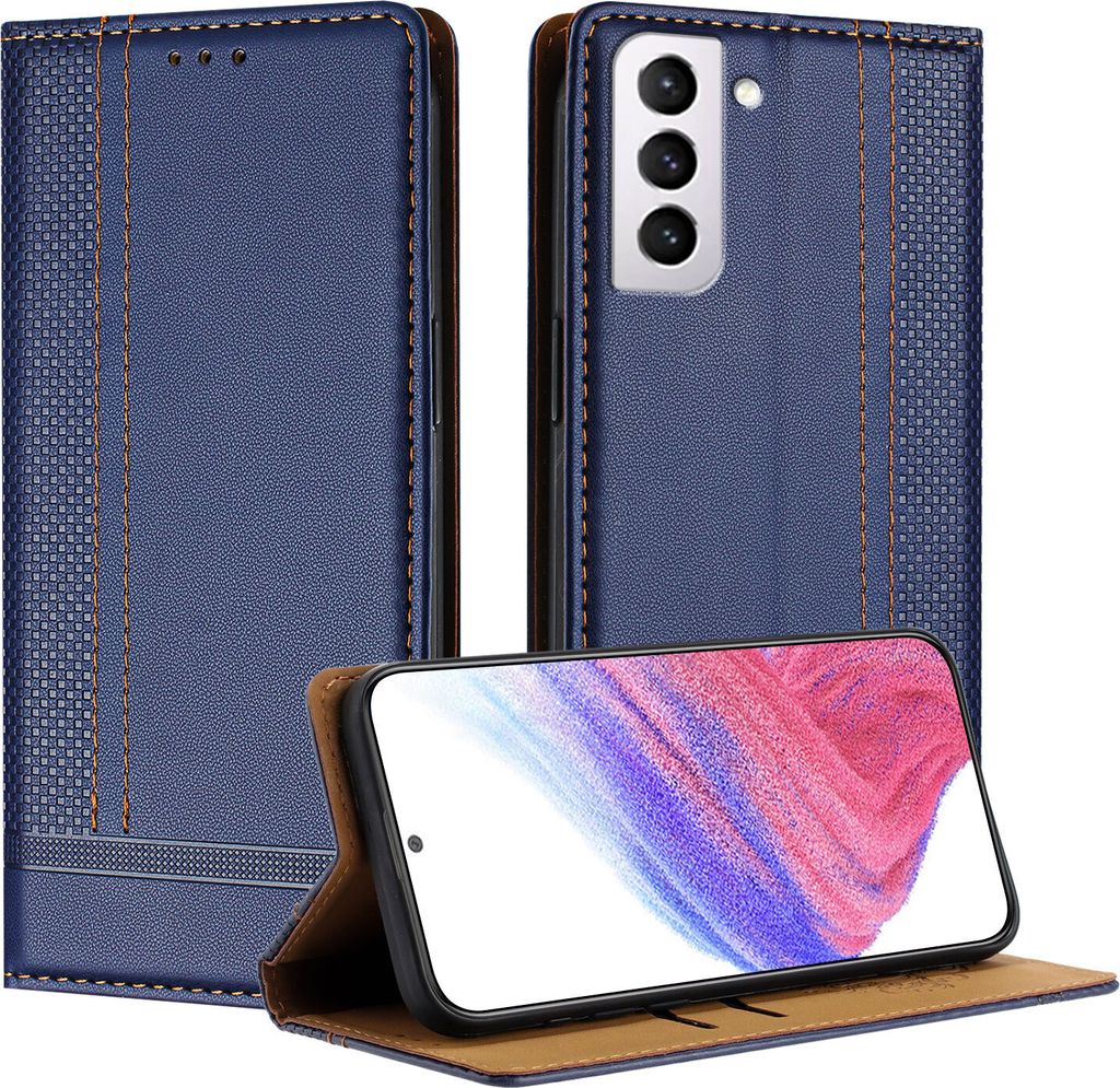 Handyhülle für Samsung Galaxy S21 FE 5G Leder Flip Klappbare Schutzhülle mit Standfunktion Blau