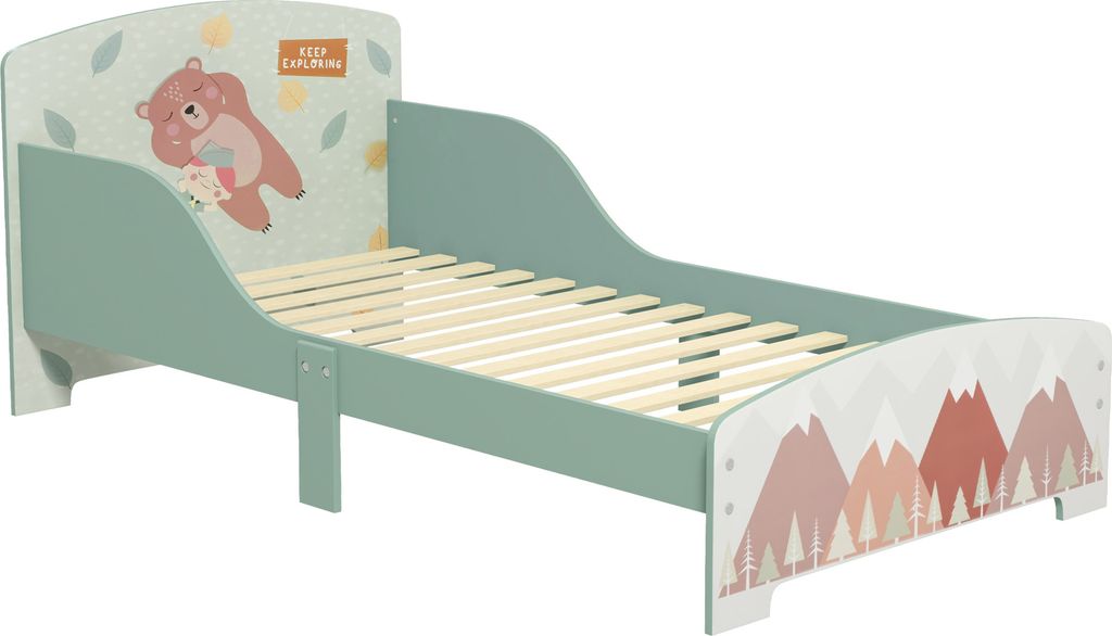 ZONEKIZ Kinderbett aus Holz, 143 x 77 x 60 cm, Bett für Kinder von 3–6 Jahren, mit Schutzbarrieren und Aufdrucken, maximale Belastung 40 kg grü...