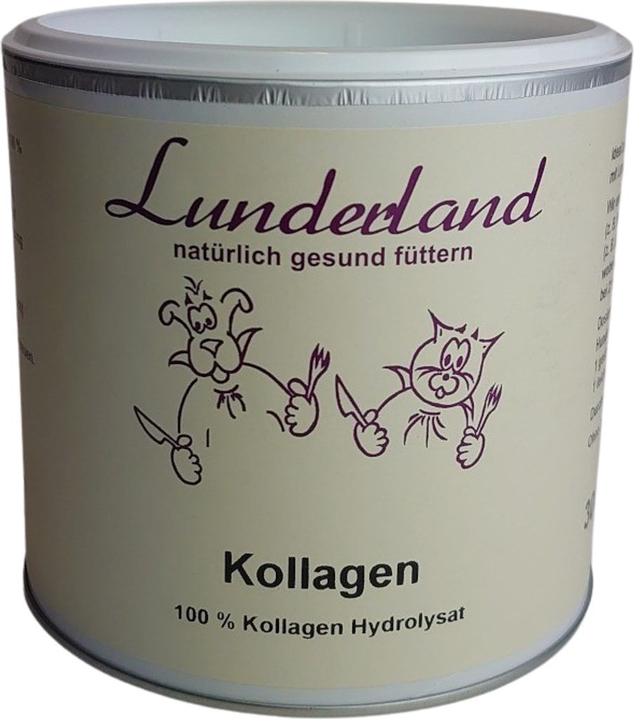 A cylindrical container of Lunderland Kollagen for pets.