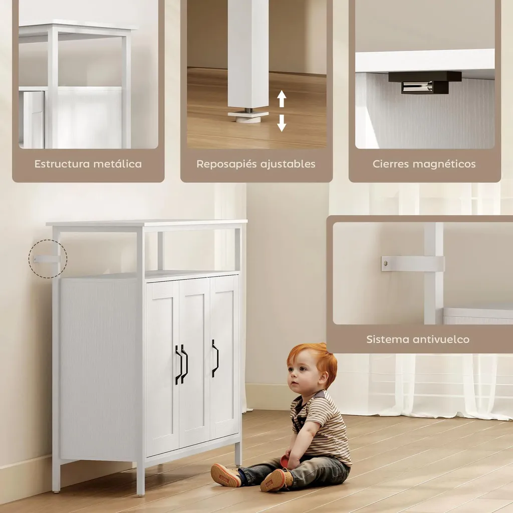 Buffet Blanc 100cm à 3 Portes et Compartiment Ouvert Style Moderne - 5