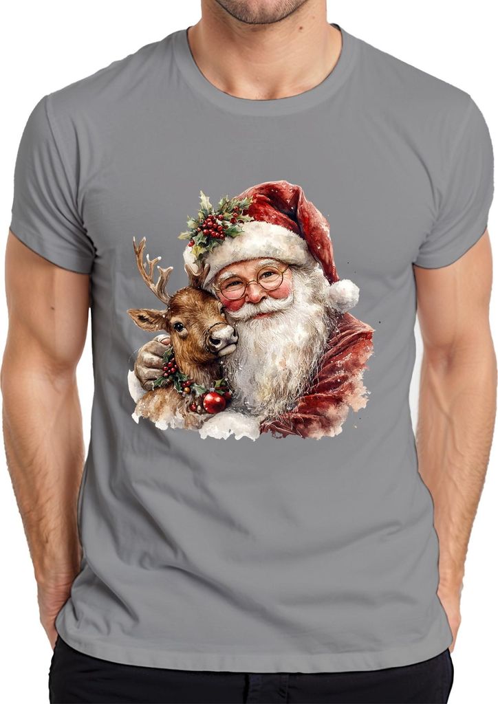 Weihnachtsmann mit Rentier Aquarell Vintage Geschenk Weihnachten Herren T-Shirt, Grau, M