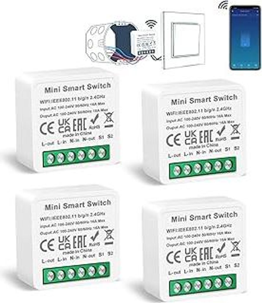 4 Pack CNBINGO Smart Lichtschalter Modul, Passt hinter Traditionelle Wandschalter, WLAN Mini DIY Schalter Relais Modul, Kompatibel mit und Google A...