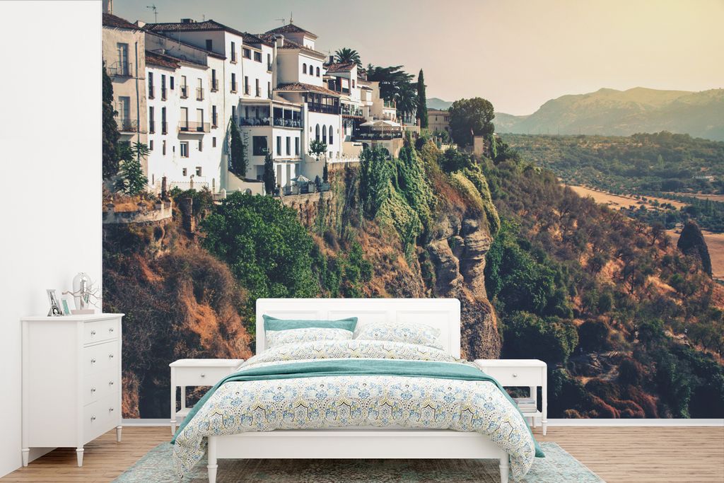 MuchoWow Fototapete für Wohnzimmer oder Schlafzimmer Wandtapete Vinyl Motivtapete Häuser an der Steilküste in Andalusien - 330x220 cm - Fotota...