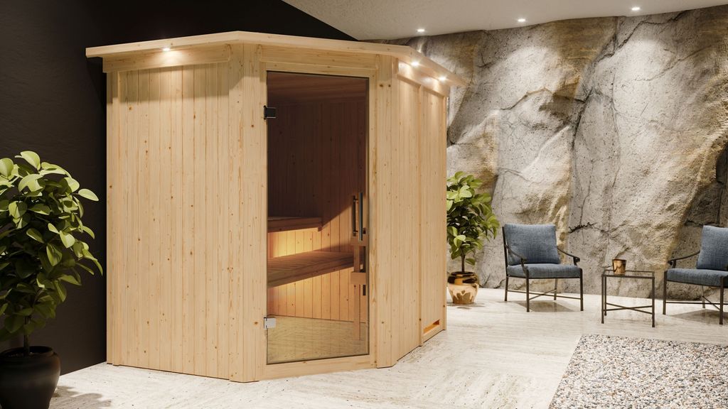 Karibu Sauna Innensauna Siirin Eckeinstieg Ofen 9 kW integr. Strg 210x184x202 cm mit Dachkranz mit Graphittür