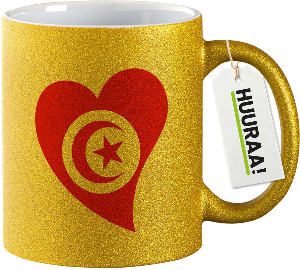 Huuraa Glitzertasse Tunesien Flagge Herz 330ml Gold Keramik Kaffeebecher Geschenkidee
