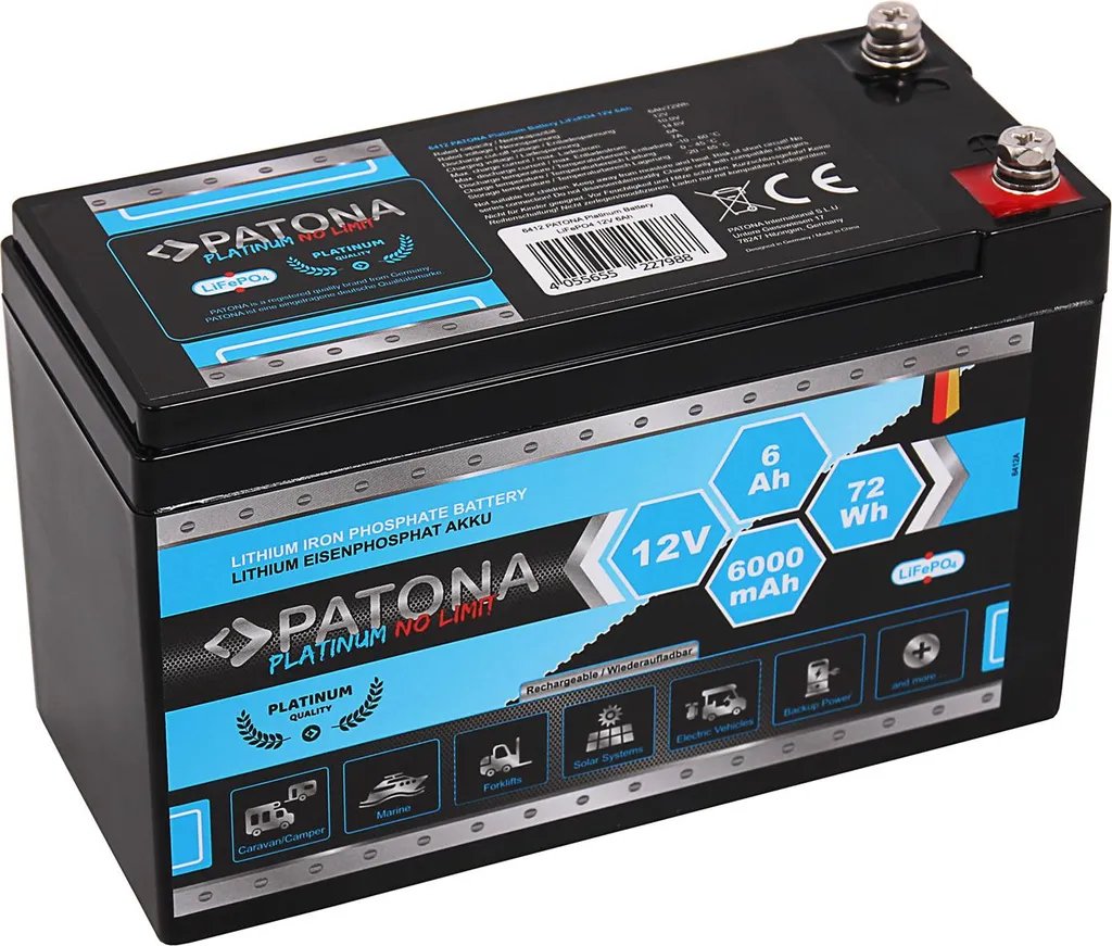 Batterie 12V 6Ah LiFePO4 PATONA Platinum 72Wh Haute Longévité 6000mAh