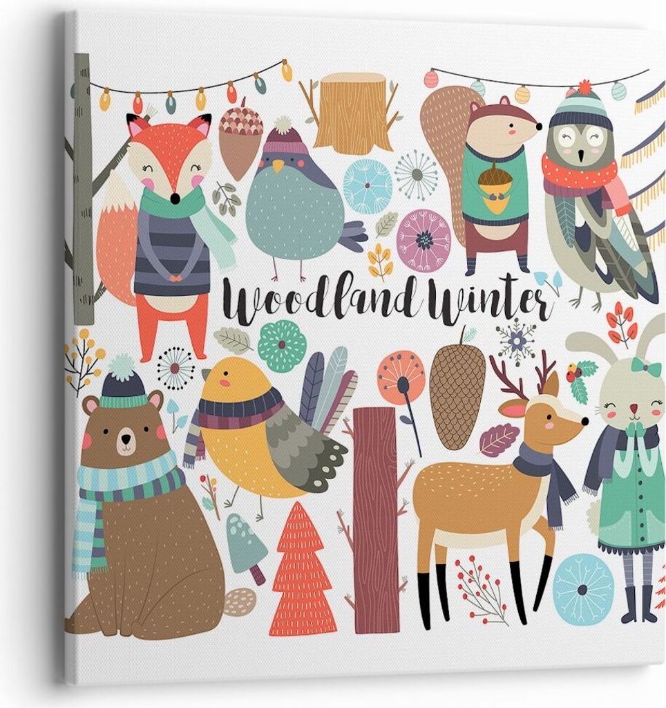 Bild auf Leinwand - Leinwandbild - Winter Baum Wald Tiere - 40x40cm - Wand Bild - Wanddeko - Leinwanddruck - Bilder - Kunstdruck - Wanddekoration -...