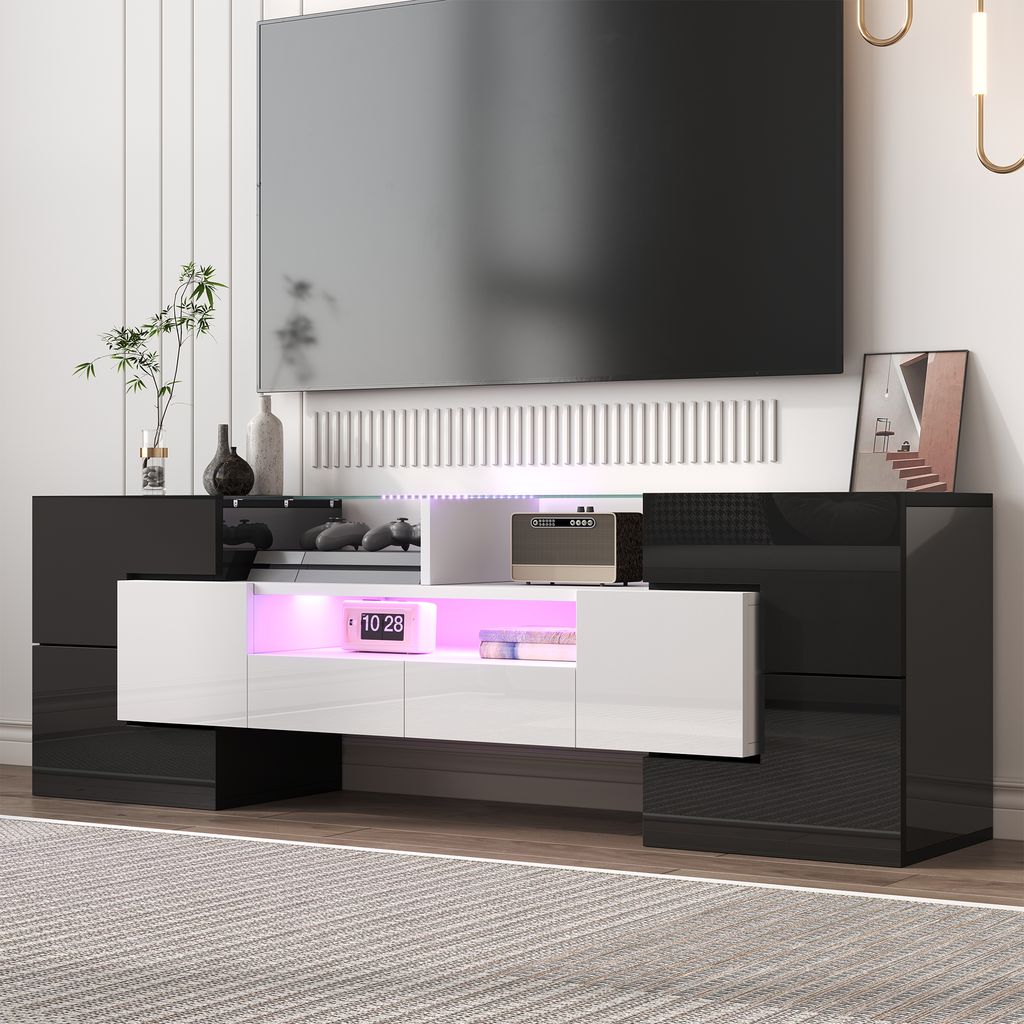 STILVORA TV-Schrank mit 6 Türen,2 Schubladen&3 Offene Regale,TV-Lowboard mit LED-Beleuchtung,Fernsehschrank Hochglanz,Weiß+Schwarz